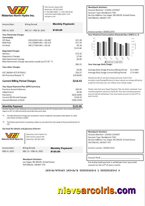 Premium USA Nevada Waterloo North Hydro Business Utility Bill Template In Word And PDF Formats (version 2)