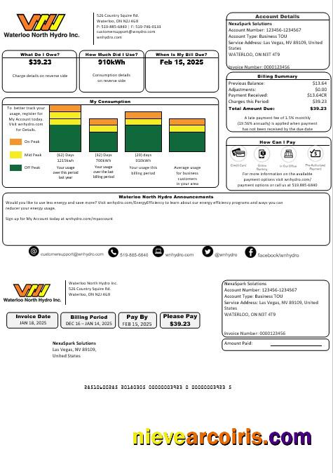 Premium USA Nevada Waterloo North Hydro Business Utility Bill Template In Word And PDF Formats
