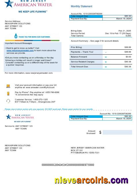 Realistic USA New Jersey American Water Business Utility Bill Word And PDF Template