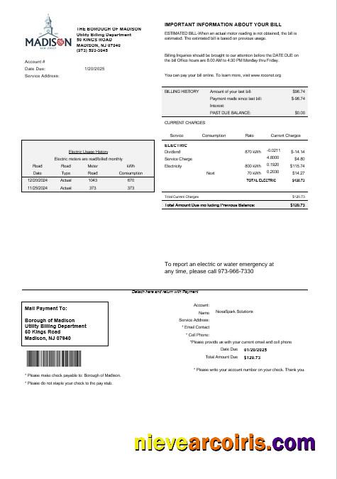 Editable USA New Jersey The Borough Of Madison Business Utility Bill Template In Word And PDF Formats
