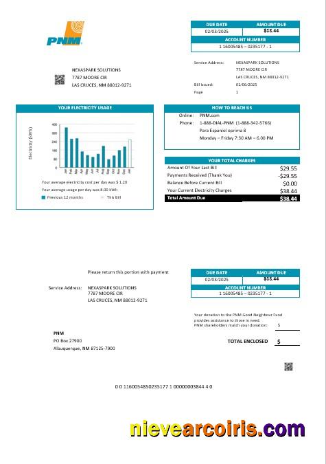 Realistic USA New Mexico PNM Easy Fillable Business Utility Bill Template In Word And PDF Formats