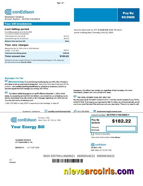 Editable USA New York Conedison Business Utility Bill Word And PDF Template, Version 2