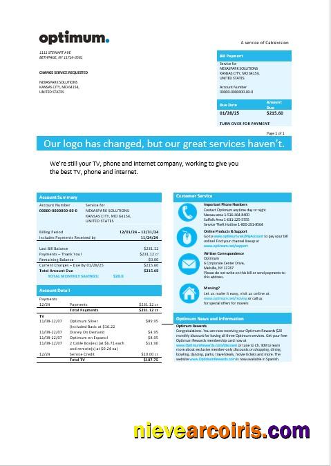Editable USA New York Optimum Cablevision Business Utility Bill Template In Word And PDF Formats