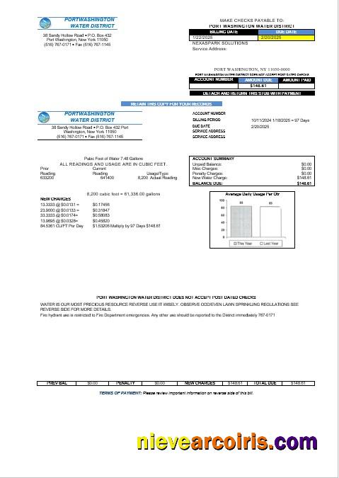 Professional USA New York Port Washington Water District Business Utility Bill Template In Word And PDF Formats