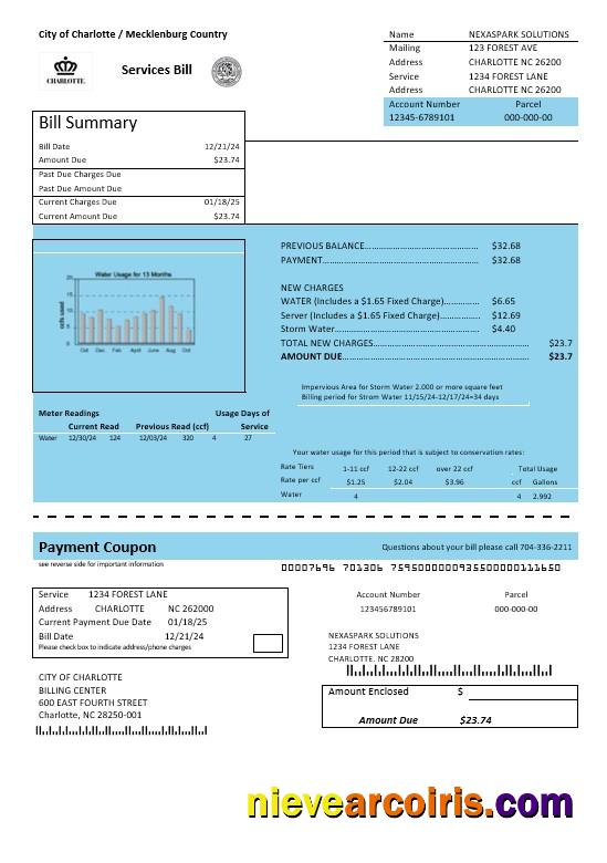 Realistic USA North Carolina City Of Charlotte Water Business Utility Bill Template In Word And PDF Formats