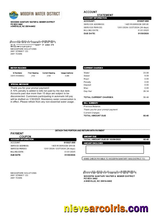 Editable USA North Carolina Woodfin Sanitary Water & Sewer District Business Utility Bill Template In Word And PDF Formats