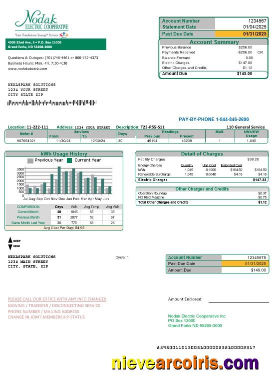 Premium USA North Dakota Nodak Electric Cooperative Business Utility Bill Template In Word And PDF Formats