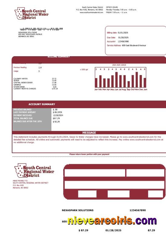 Realistic USA North Dakota South Central Regional Water District Business Utility Bill Template In Word And PDF Formats