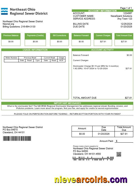 Realistic USA Northeast Ohio Regional Sewer District Business Utility Bill Word And PDF Template 1