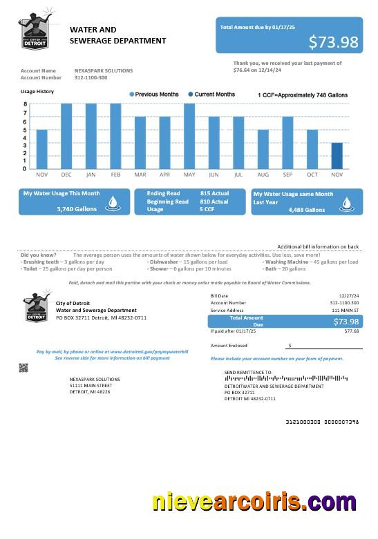Professional USA Ohio City Of Detroit Water Business Utility Bill Template In Word And PDF Formats