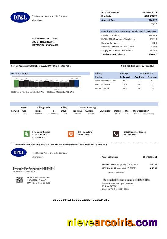 Realistic USA Ohio DP&L Business Utility Bill Template In Word And PDF Formats