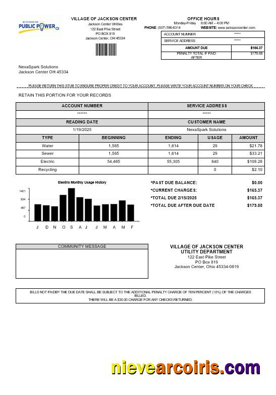Premium USA Ohio Village Of Jackson Center Public Power Business Utility Bill Template In Word And PDF Formats