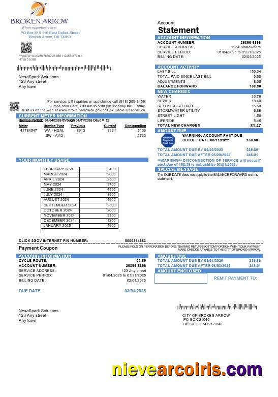 Editable USA Oklahoma City Of Broken Arrow Business Utility Bill Template In Word And PDF Formats