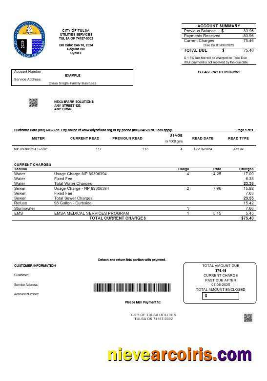 Realistic USA Oklahoma City Of Tulsa Business Utility Bill Template In Word And PDF Formats