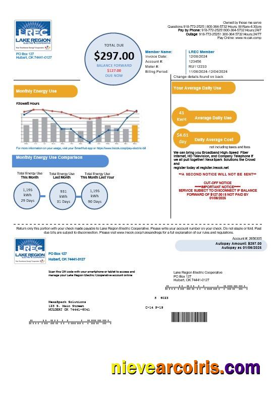 Professional USA Oklahoma LREC Lake Region Business Utility Bill Template In Word And PDF Formats
