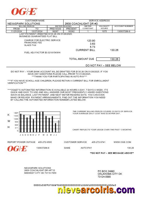 Editable USA Oklahoma OGE Energy Business Utility Bill Template In Word And PDF Formats