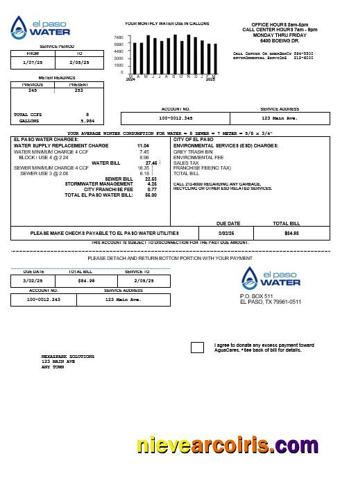 Professional USA Texas El Paso Water Business Utility Bill Template In Word And PDF Formats