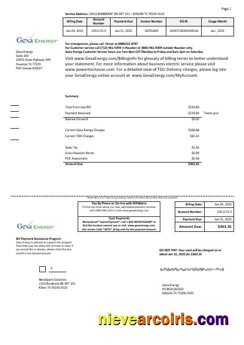 Professional USA Texas Gexa Energy Business Utility Bill Template In Word Formats