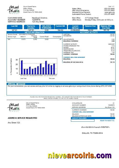 Editable USA Texas Grand Prairie Business Utility Bill Template In Word And PDF Formats