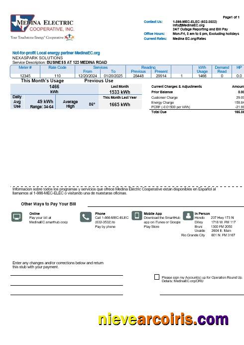 Realistic USA Texas Medina Electric Business Utility Bill Template In Word And PDF Formats