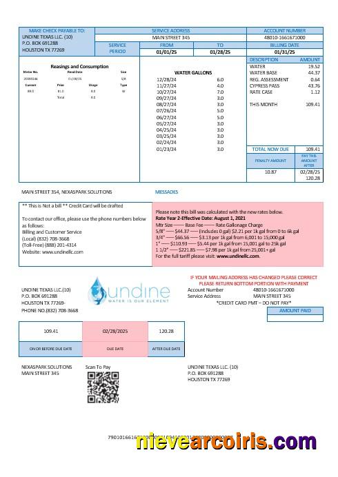 USA Texas Undine Water Is Our Element Water Business Utility Bill Word And PDF Formats Photolook