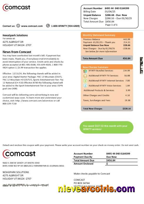 Realistic USA Utah Comcast Business Utility Bill Template In Word And PDF Formats, Version 2
