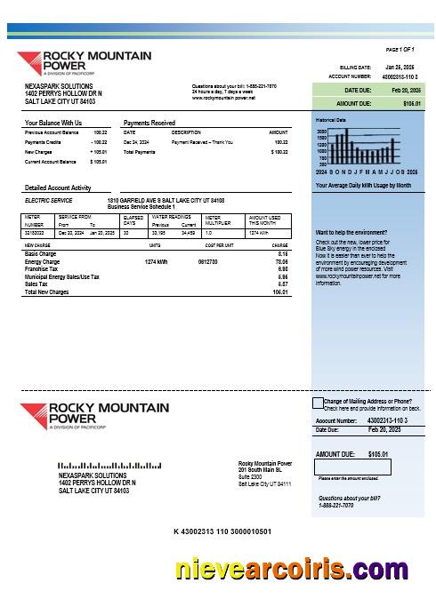 Premium USA Utah Rocky Mountain Power Electricity Business Utility Bill Template In Word And PDF Formats