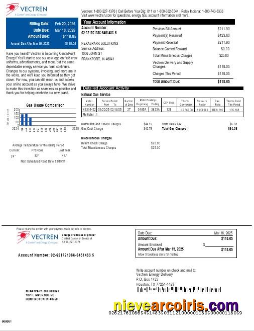 USA Vectren Business Utility Bill Download Word And PDF Example Template