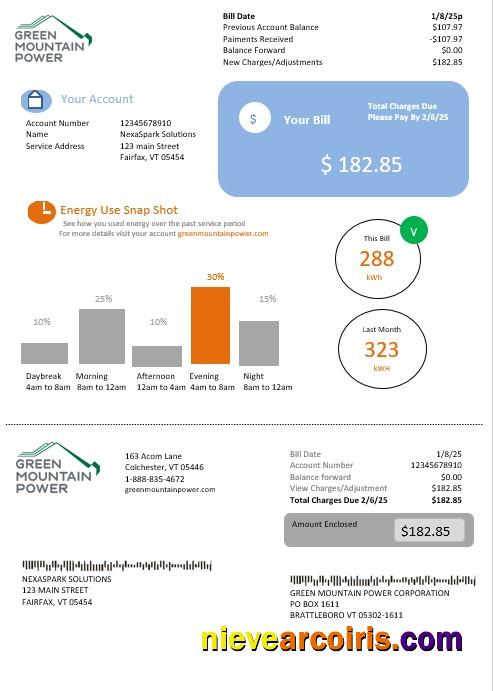 USA Vermont Green Mountain Power Electricity Business Utility Bill In Word And PDF Formats Template