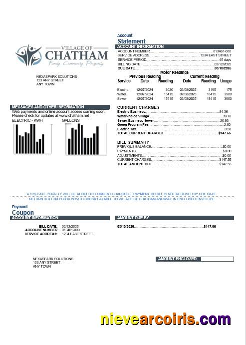 Realistic USA Village Of Chatham Business Utility Bill Template In Word And PDF Formats