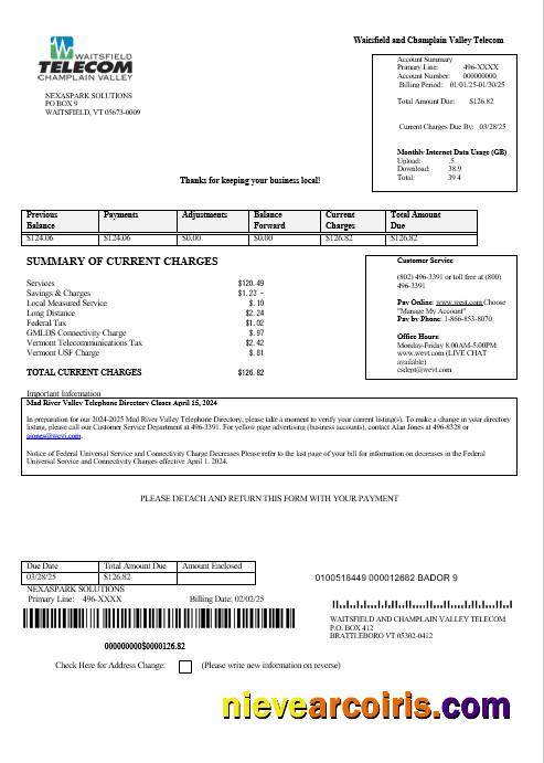 Editable USA Waitsfield Telecom Business Utility Bill Template In Word And PDF Formats