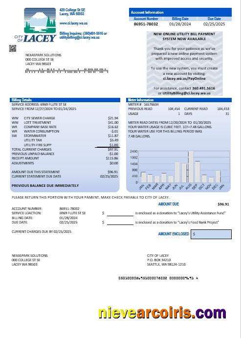 Professional USA Washington City Of Lacey Water Business Utility Bill Template In Word And PDF Formats (proof Of Address)