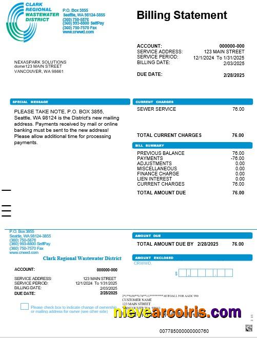 Professional USA Washington Clark Regional Wastewater District Business Utility Bill, Word And PDF Template