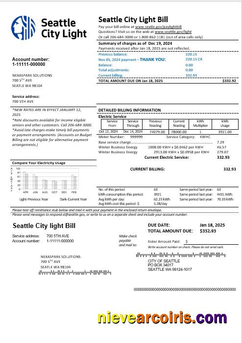 Realistic USA Washington Seattle City Light Business Utility Bill Template In Word And PDF Formats
