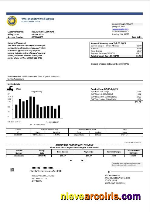 Realistic USA Washington Water Service Business Utility Bill Template In Word And PDF Formats