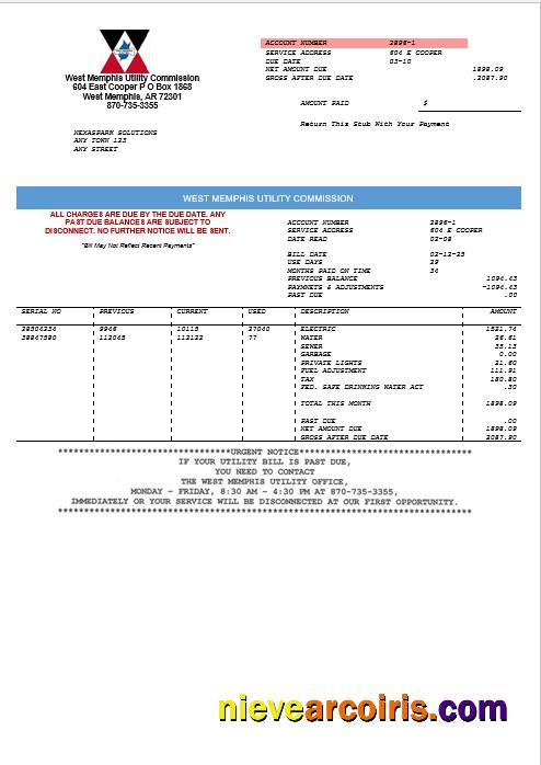 Editable USA West Memphis Business Utility Commission Utility Bill Word And PDF Template