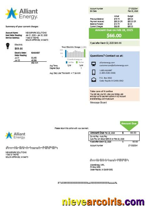 Premium USA Wisconsin Alliant Energy Electricity Business Utility Bill Template In Word And PDF Formats