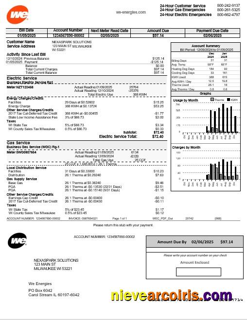 Editable USA Wisconsin We Energies Electricity Business Utility Bill Template In Word And PDF Formats