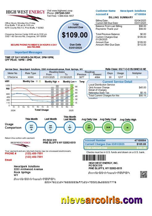 USA Wyoming High West Energy Business Utility Bill In Word And PDF Formats, Version 2 Sample