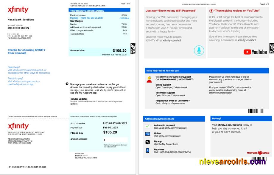 Realistic USA XFINITY Business Utility Bill Word And PDF Template, Version 2