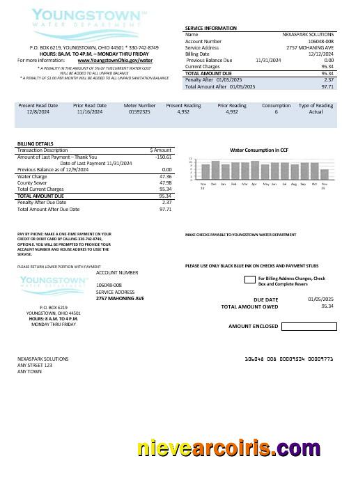 Realistic USA Youngstown Water Department Business Utility Bill Template In Word And PDF Formats