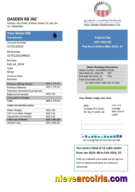 Editable United Arab Emirates Abu Dhabi Distribution Water Business Utility Bill Template In Word And PDF Formats