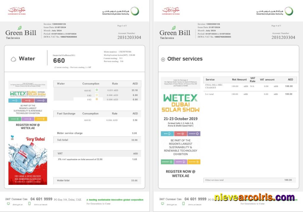 Editable United Arab Emirates Dubai Green Business Utility Bill Template In Word And PDF Formats, Fully Editable 3 4