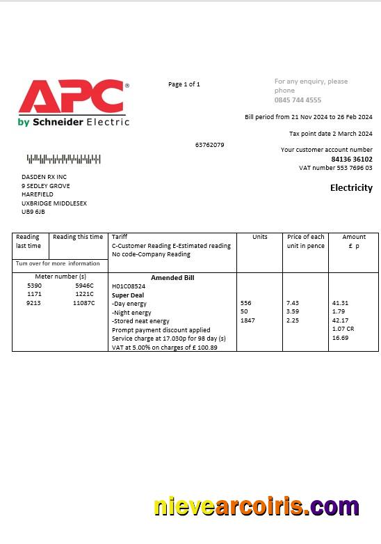 Realistic United Kingdom APC Electricity Business Utility Bill Template In Word And PDF Formats