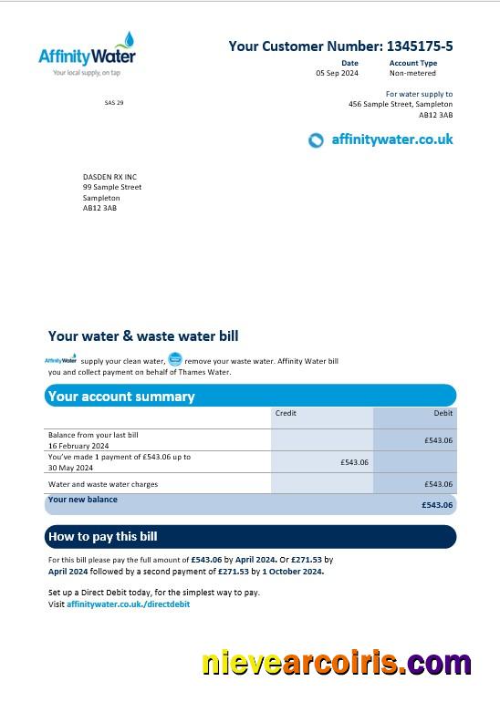 Realistic United Kingdom Affinity Water Business Utility Bill Template In Word And PDF Formats