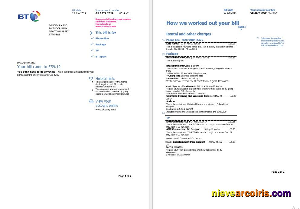 Professional United Kingdom BT Business Utility Bill Template In Word And PDF Formats, 2 Pages