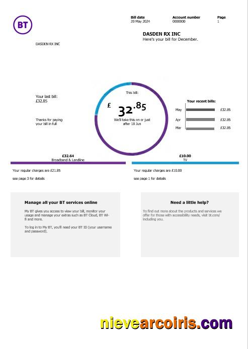 Professional United Kingdom BT Telecommunications Business Utility Bill Template In Word And PDF Formats, Version 2
