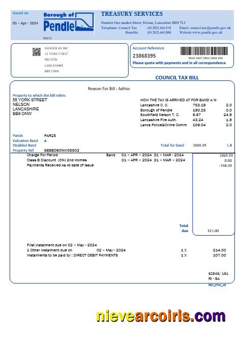 Professional United Kingdom Borough Of Pendle Council Tax Business Utility Bill Template In Word And PDF Formats