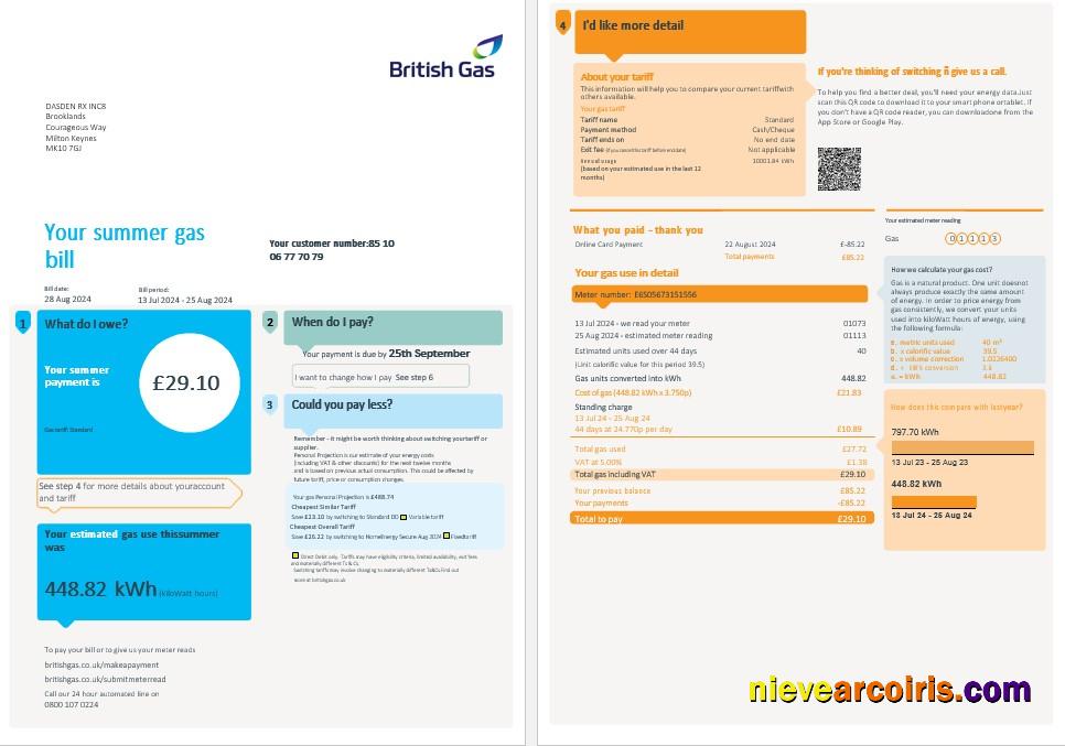 Premium United Kingdom British Gas Business Utility Bill, Word And PDF Template, 4 Pages 1 2