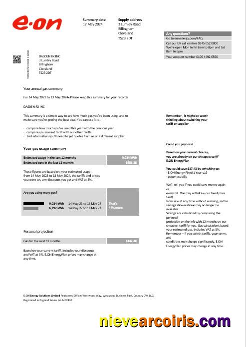 Professional United Kingdom E.ON Business Utility Bill Template In Word And PDF Formats, Version 2